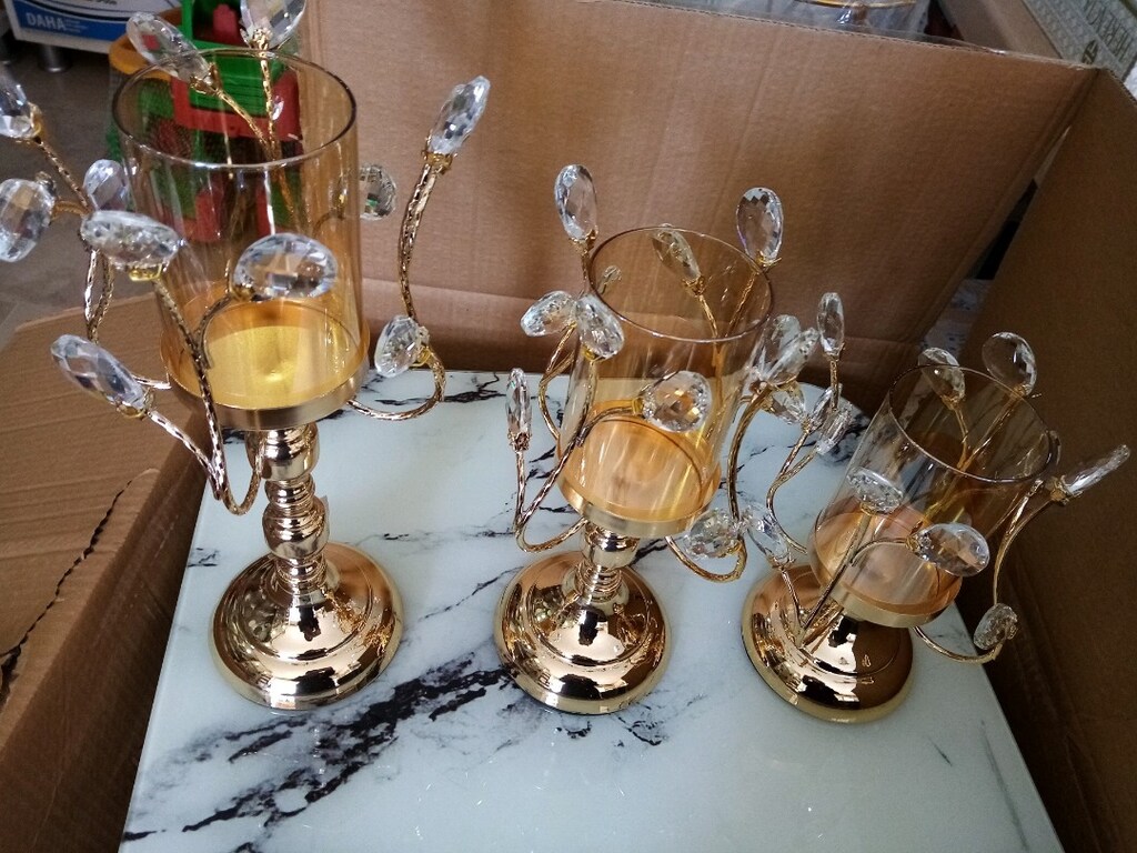 Gold 3 lü şamdan dekoratif taşlarla süslü - 9