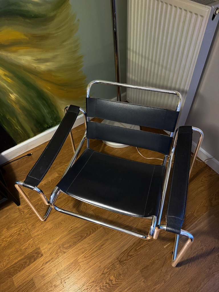Bauhaus Wassily Chair Tarzı Vintage Krom Deri Berjer - 4