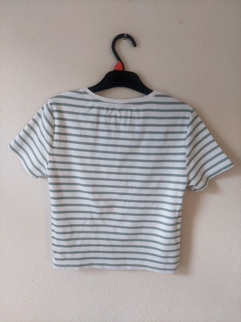 Bayan Yeşil çizgili Çizgili Crop Tişört - 5
