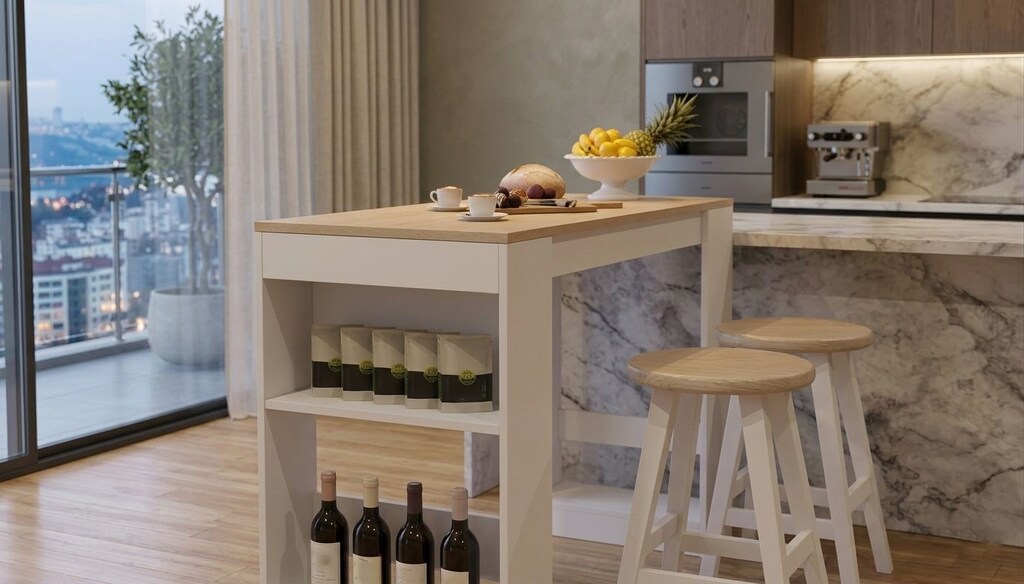 Sıfır , %100 MDF , Bar Masası / Çok Amaçlı Raflı Mutfak Masası - Beyaz - 4