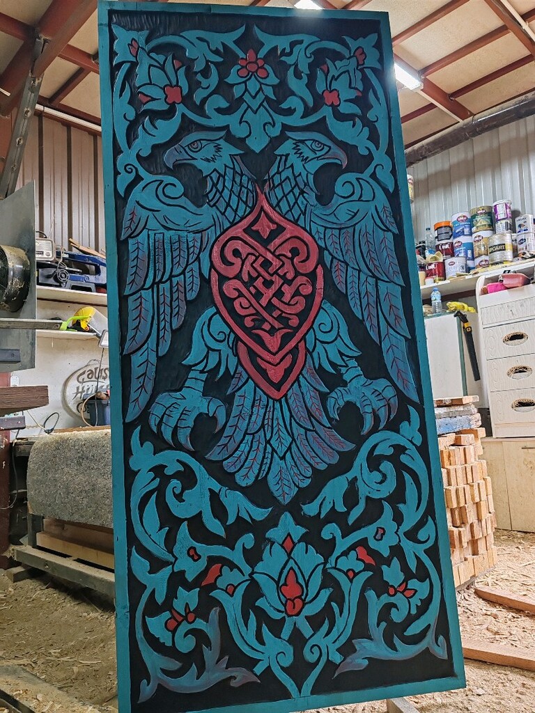 Tamamı el oyması ile işlenmiş eski kapı Selçuklu kartalı 94/210 cm. - 3