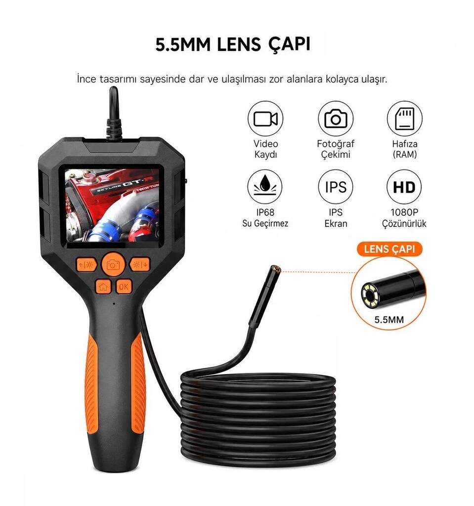 5 metre Ekranlı Yılan Kamera Endoskop 5,5 mm lens (SIFIR) - 8