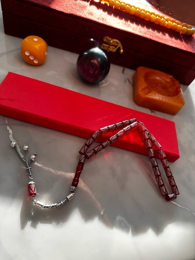 925 Ayar Ağır Gümüş Püsküllü ve Çakımlı Kırmızı Ateş Kehribar - 5