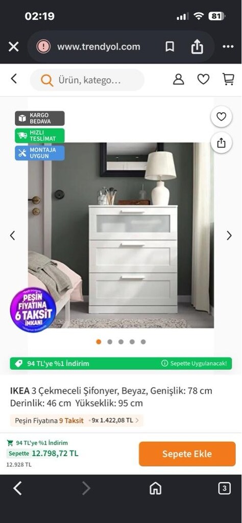 ikea 3 çekmeceli şifonyer - 2