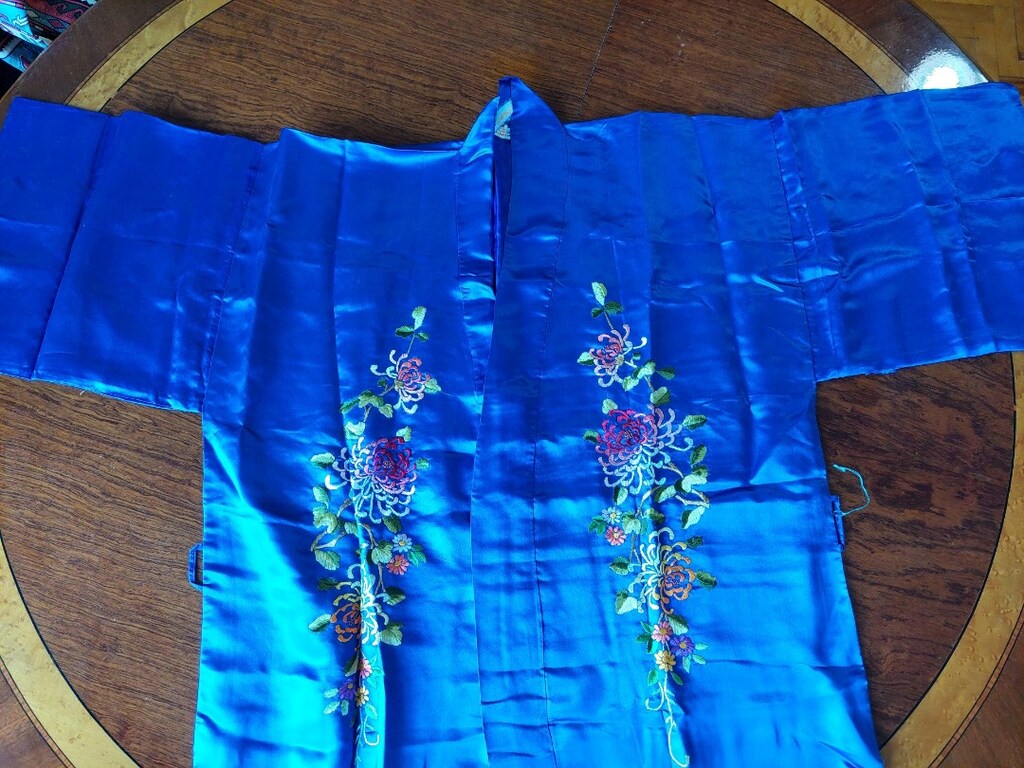 Orijinal Vintage %100 Saf İpek El İşlemeli Mavi Kimono - 5