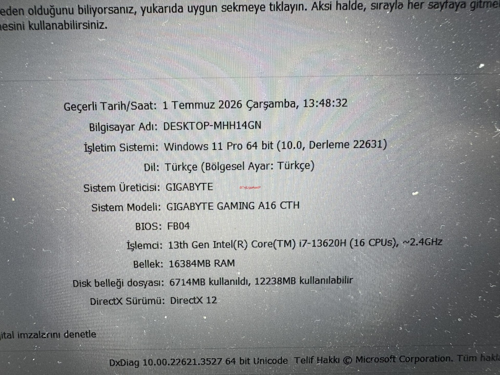 GİGABYTE İ7 13. NESİL 16 GB RAM 1 TB NVME RTX 5050 - 5