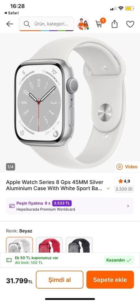 TR• KAPALI KUTU• SIFIR APPLE WATCH SERİES 8 45MM• SİLVER BEYAZ KORDON - 2