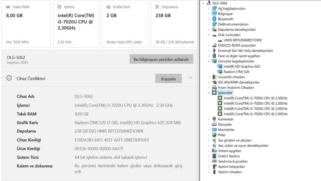 Dell Inspiron 3581 i3 7020U 8GB RAM 256GB SSD 15.6" FHD Notebook - 5