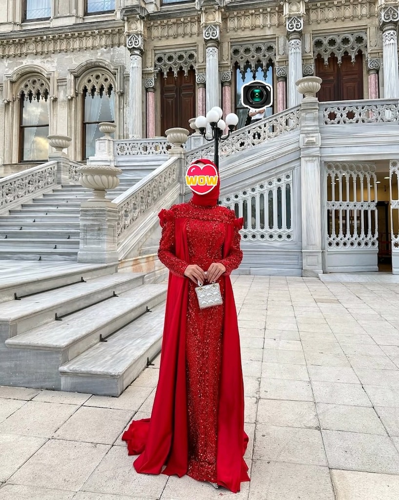 Özel Dikim Kırmızı Taşlı Tesettür Abiye Elbise (Pelerinli/Pelerinsiz) - 6