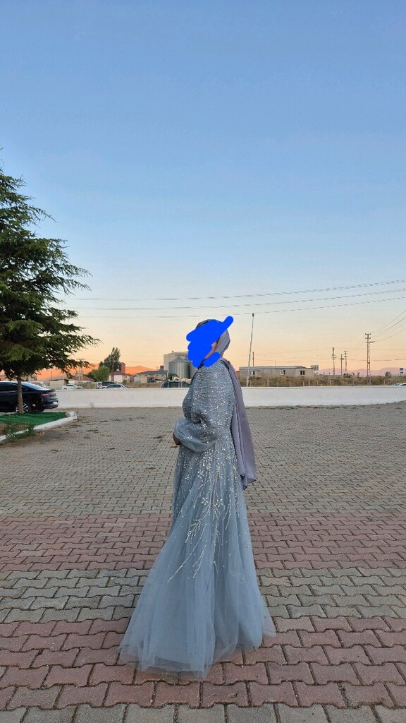 Gümüş taş işlemeli açık mavi abiye - 5