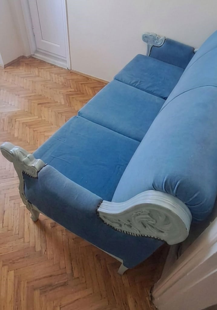 Klasik Retro Model Ahşap Oyma kollu Yenilenmiş Mavi 3'lü Koltuk - 2