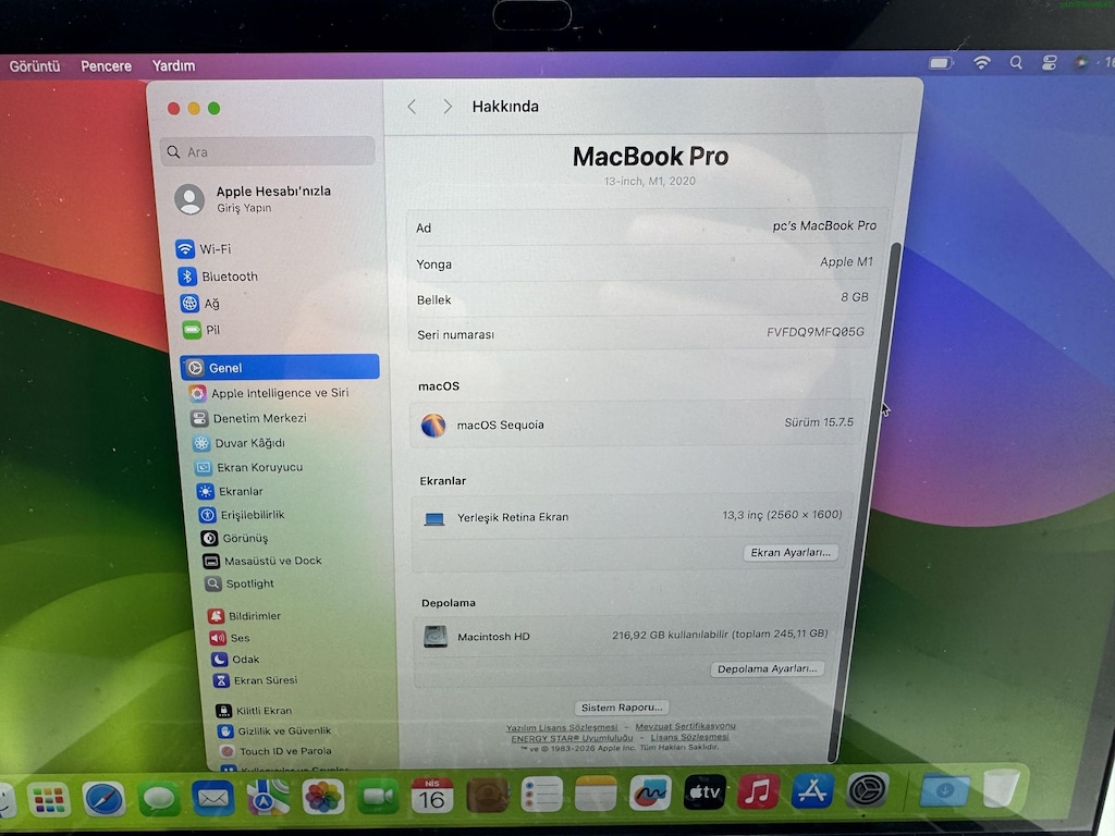 MACBOOK PRO BARLI 2020 M1 İŞLEMCİ 256 NVME 8 GB RAM - 6