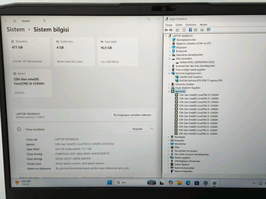 LENOVO IDEAPAD GAMING 3 RTX 3050 TI İ5 12450H 16GB RAM 512M2 LAPTOP - 4