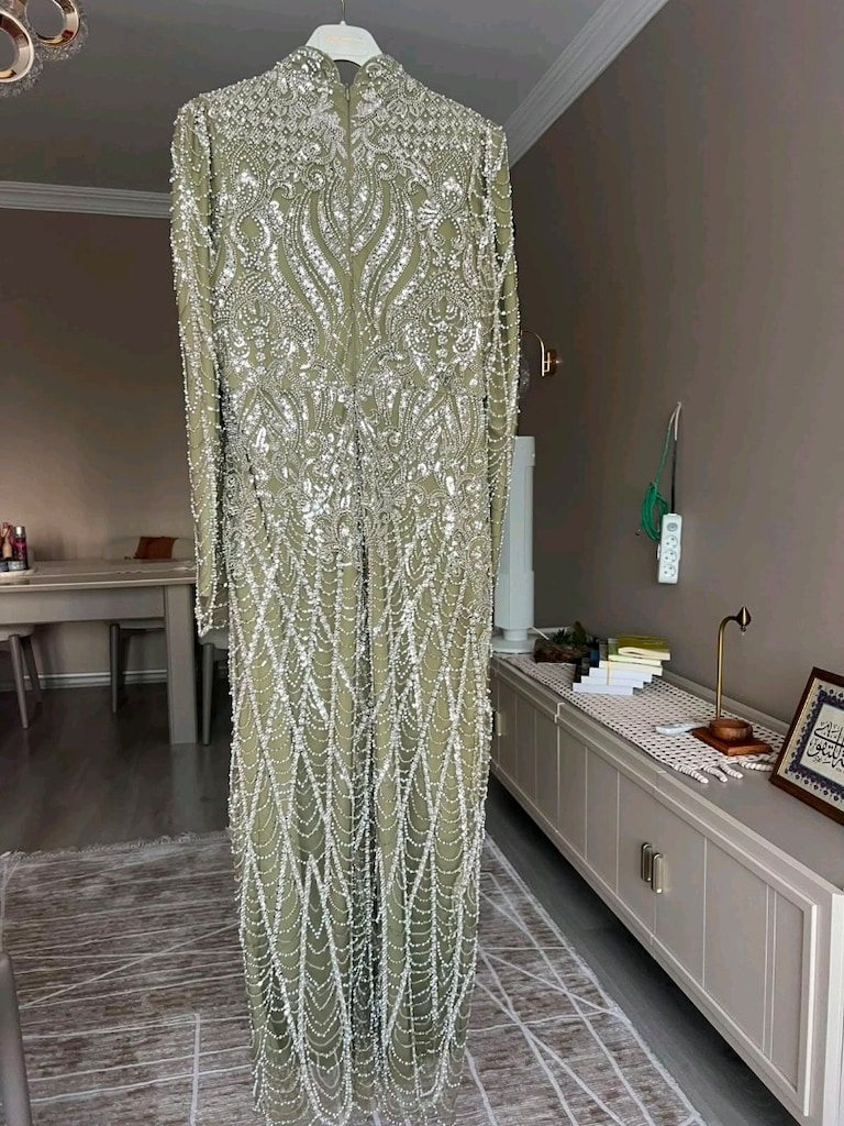 Adaçayı Yeşili Payetli İncili Abiye 44 Beden - 3