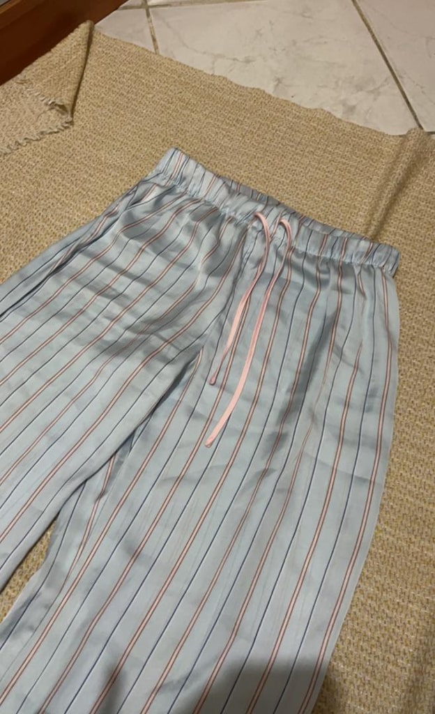 Çizgili saten mavi Pijama - 4