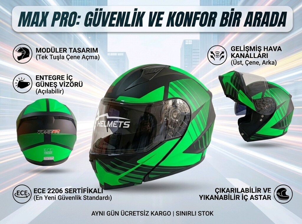 LS2 ÇENE AÇILIR GÜNEŞ VİZORLU YEŞİL SİYAH KASK XL - 6