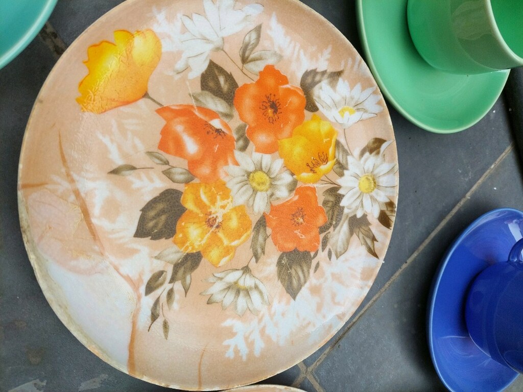 Vintage Güral stoneware porselen fincan. Vintage renk melamin tabak. - 9