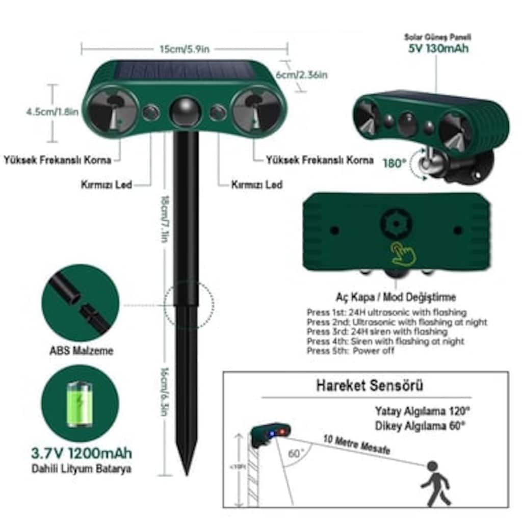 Ultrasonic Sesli Siren Solar Hayvan Kovucu Alarm - 3
