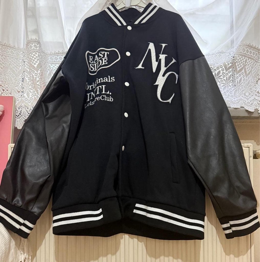 Siyah Deri Kollu Letterman College Ceket - 5