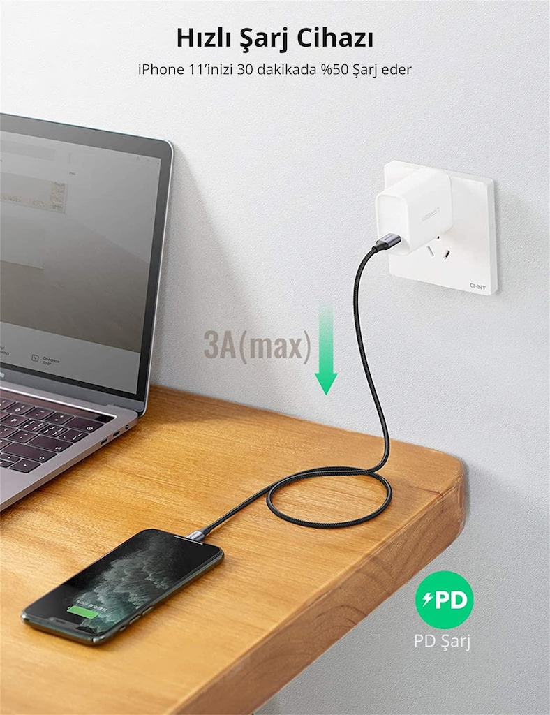 UGreen 60761 Örgülü USB Type-C to Lightning Şarj Kablosu 2m - 4