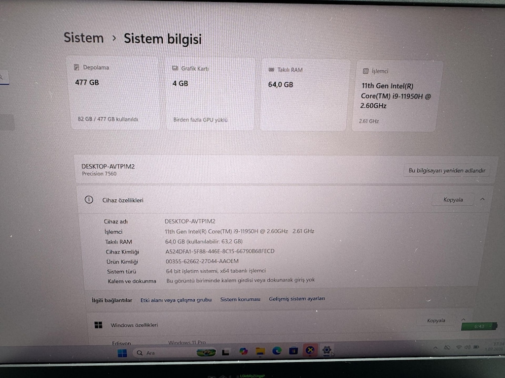 DELL PRECISION İ9 11. NESİL 64 GB RAM 512 M2SSD RTX A2000 - 5