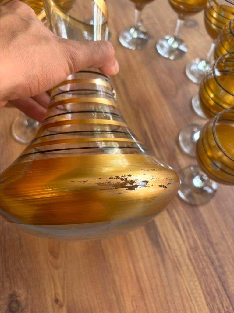 Vintage Altın Sarısı Yaldızlı Karaf ve 10'lu Kadeh Likör Şarap Takımı - 5