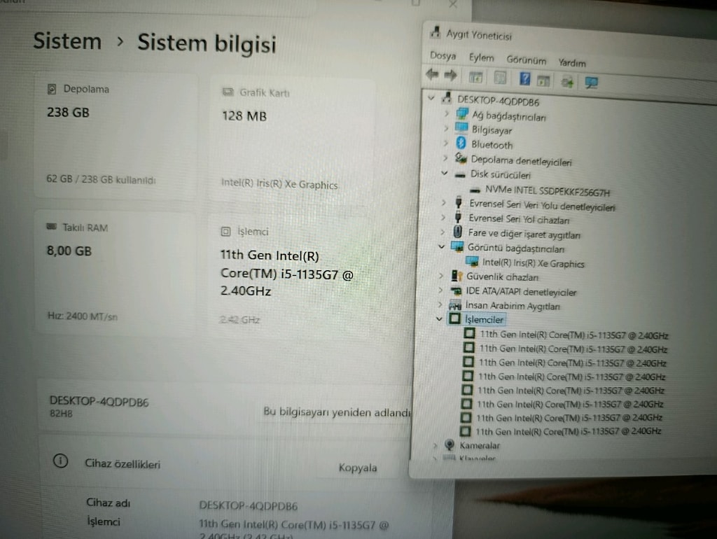 Temiz Lenovo i5 11. Nesil - 8GB RAM - 256GB SSD - Çantalı ve Mouse'lu - 5