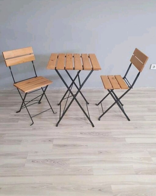 METAL AYAKLI AHŞAP KATLANIR BİSTRO BALKON MUTFAK BAHÇE TAKIMI