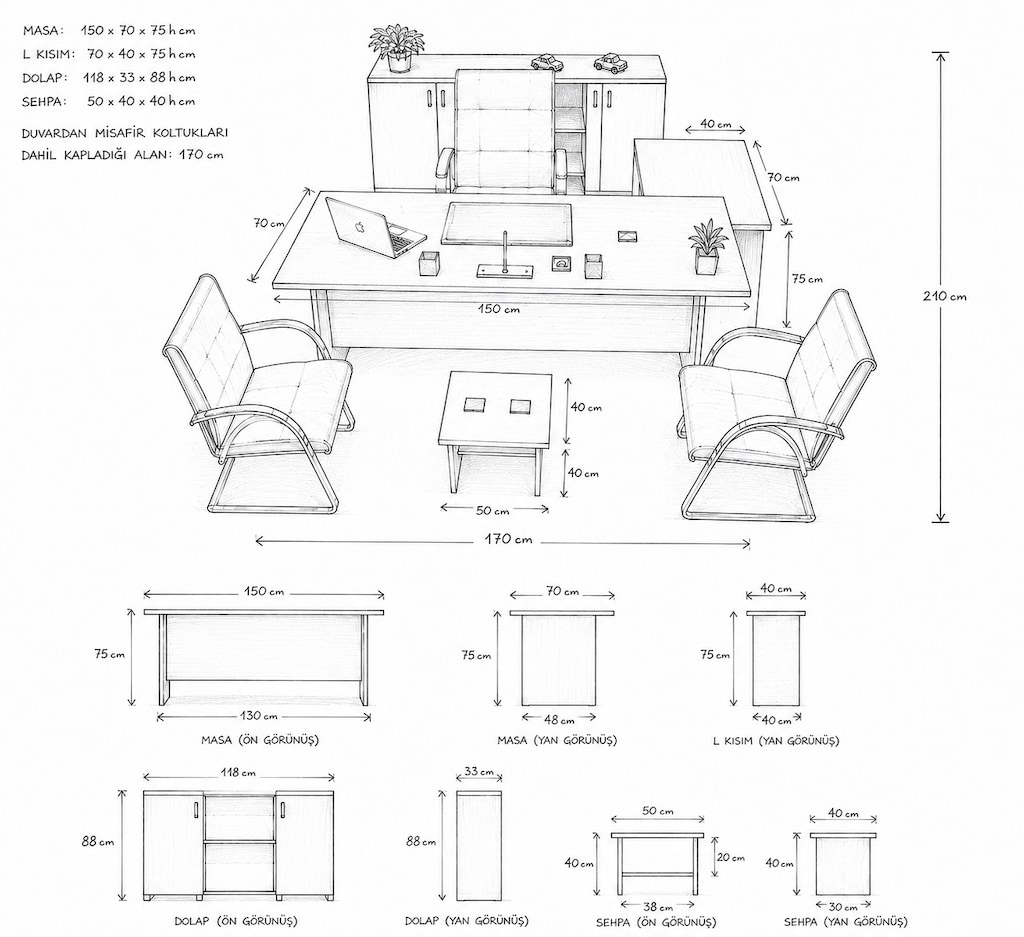 FABRİKADAN HALKA -150cm 150cm OFİS MOBİLYASI BÜRO MASA TAKIMI ! - 6