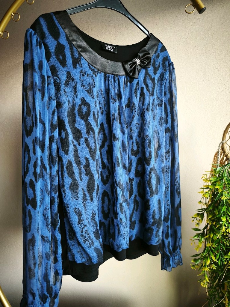 Saks Mavi Leopar Desenli Tül Detaylı Bluz 48 Beden - 9
