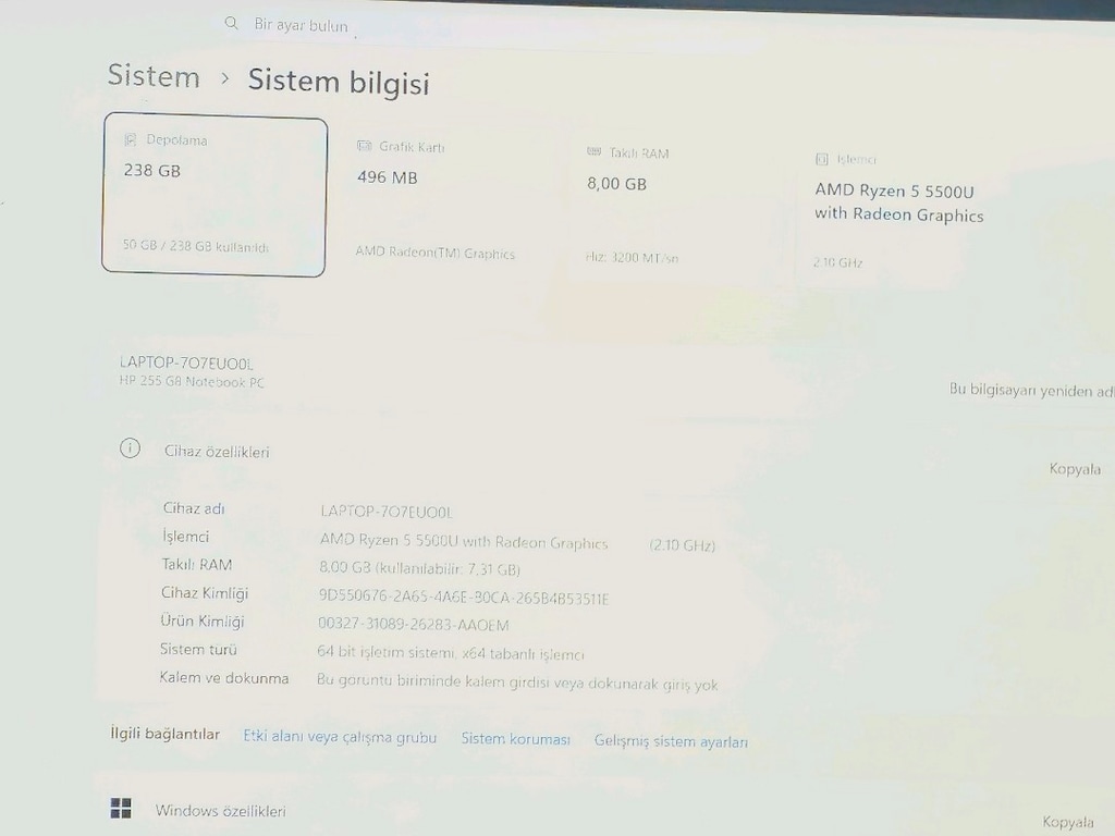 Hp 255 G8 Ryzen 5 5500U 8GB Ram 256GB SSD - 6