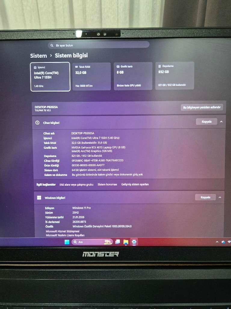 Sıfır Ayarında Monster Tulpar T6 V2.1.2 AI Creator | RTX 4070 - Ultra - 3