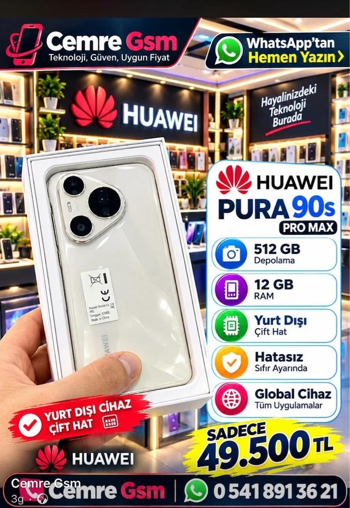 HUAWEI PURA 90s PROMAX 24/512 YURTDIŞI SFIR ÜRÜN CEMRE GSM POZCU MERSİ - 3