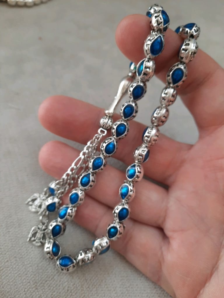Mavi mineli kafesli gümüş kaplama tesbih - 3
