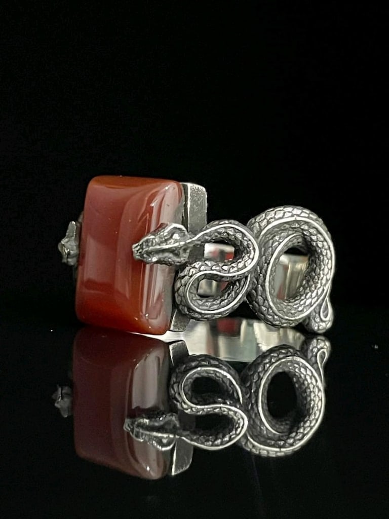 925 Ayar Gümüş Doğal Kırmızı Akik Taşlı Çift Yılan Figürlü Erkek Yüzük - 3