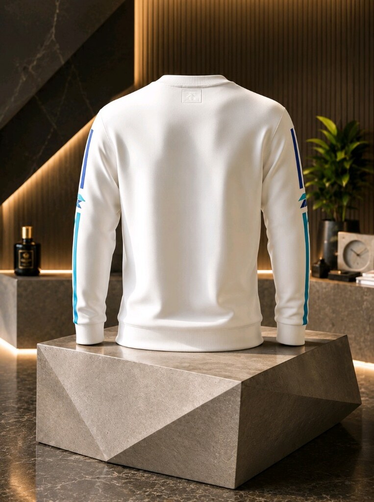 Erkek Sweatshirt Beyaz – Mavi Detaylı Premium Görünüm - 2