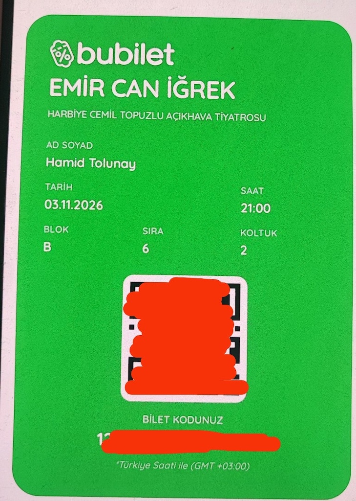 Emir Can İgrek Harbiye konseri 2 Bilet - 3