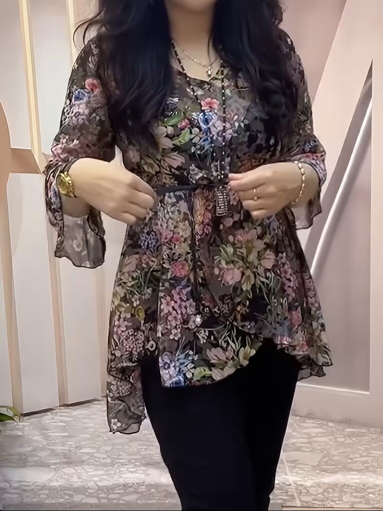 B076 Çiçek Desenli İpli Büzgülü Bel Şifon Gömlek Fırfırlı Kollu V Yaka - 4