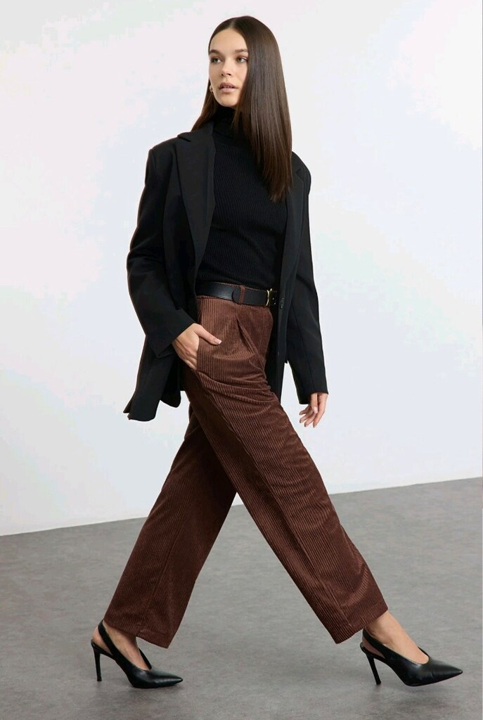 Kahverengi Kadife Wide Leg Pantolon XL 42