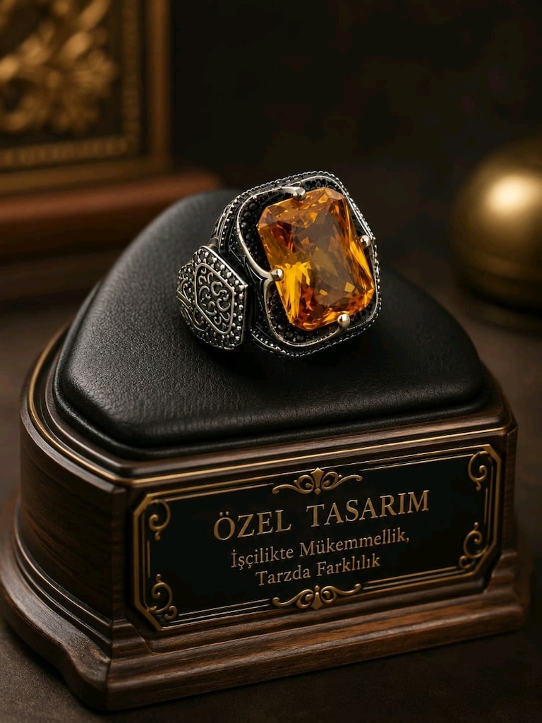 925 Ayar Sitrin Taşlı Gümüş Yüzük - 8
