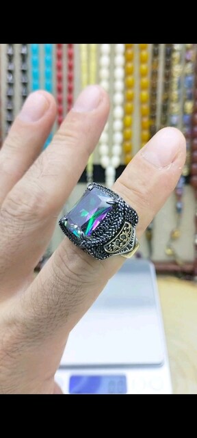 925 Ayar Gümüş Mistik Topaz ve Siyah Zirkon Taşlı Erkek Yüzük 19,7 Gr