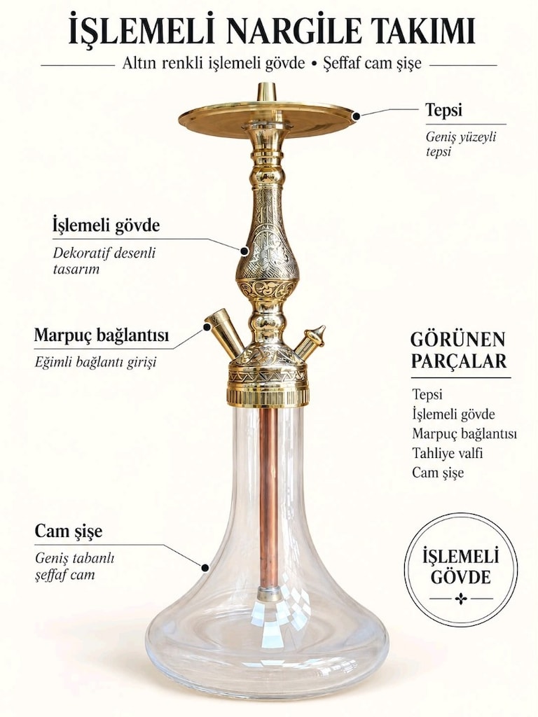 El İşlemeli Pirinç & Bakır Borulu Nargile - Kapıda Ödeme - 2