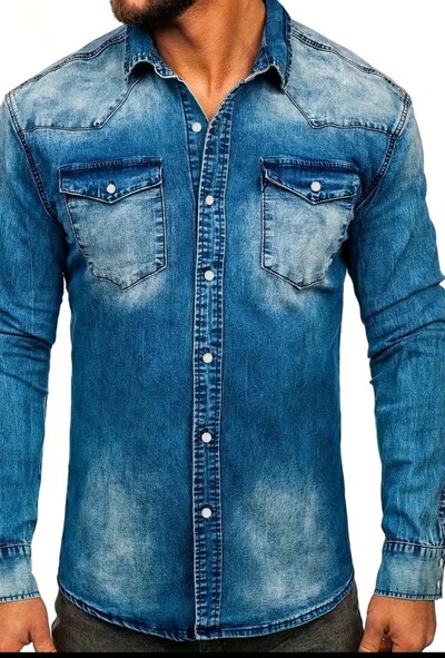 Erkek Slim-Fit Uzun Kollu Denim Gömlek - Vintage Yıkamalı Mavi, Göğüs