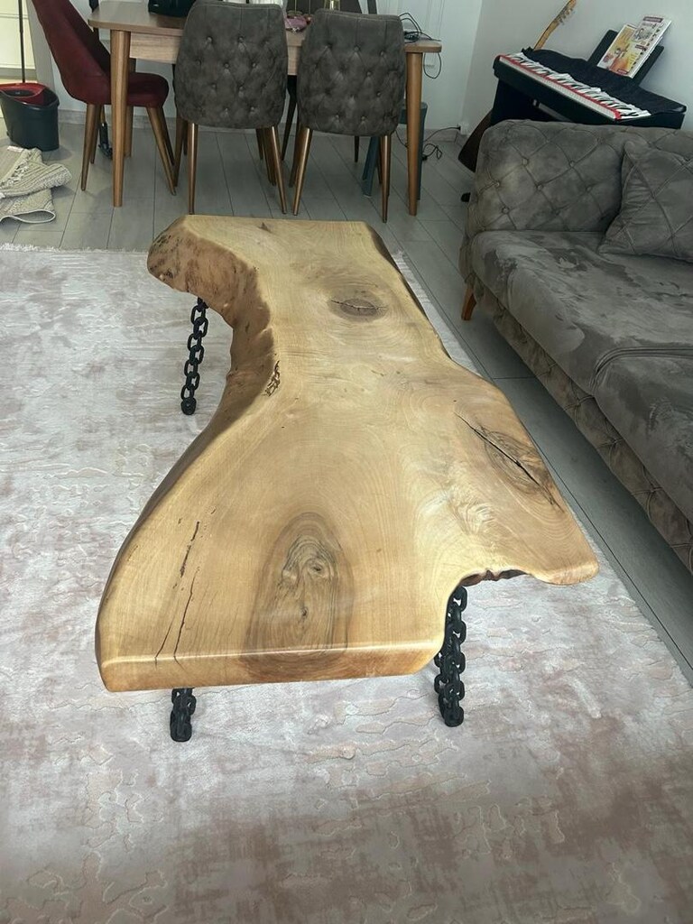 Doğal Kenar Tek Parça Kütük Sehpa 145x60, Zincir Ayaklı - 2