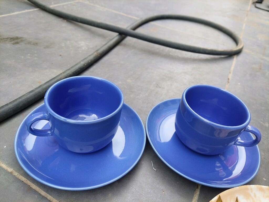 Vintage Güral stoneware porselen fincan. Vintage renk melamin tabak. - 4