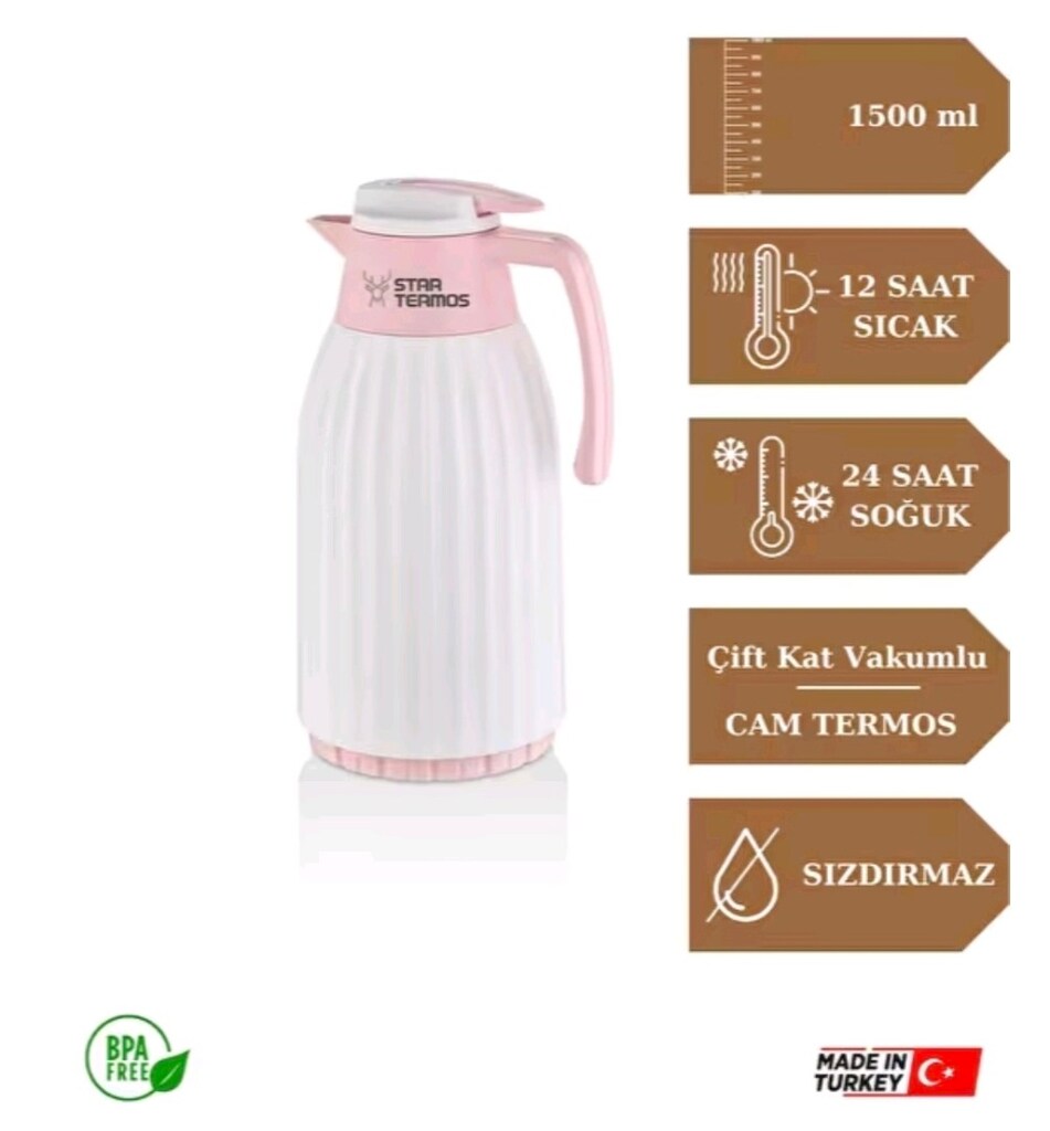 1,5 LT CAM TERMOS - OLUKLU - BEYAZ PEMBE MODEL - 3