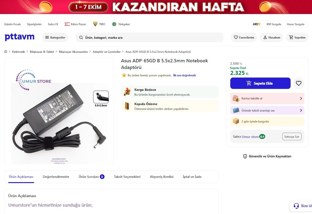 Orjinal Asus 19v - 3,42a Notebook Adaptör Şarj Cihazı - 10