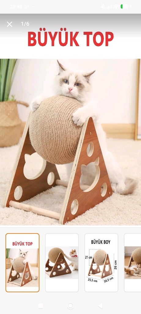 Büyük Boy XXL Hasır Kedi Tırmalama Topu | Ahşap Standlı | 26 cm - 7