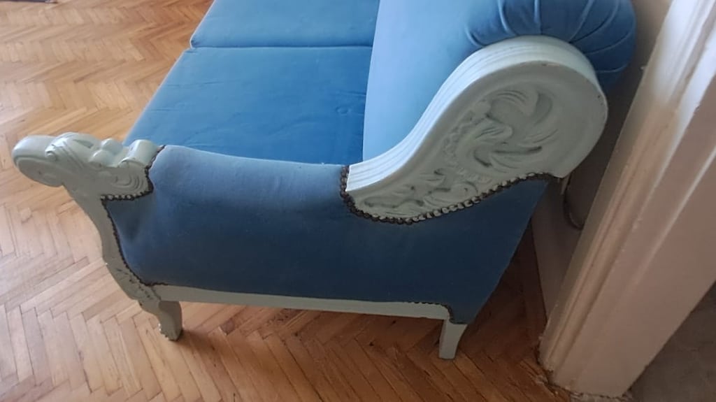 Klasik Retro Model Ahşap Oyma kollu Yenilenmiş Mavi 3'lü Koltuk - 3