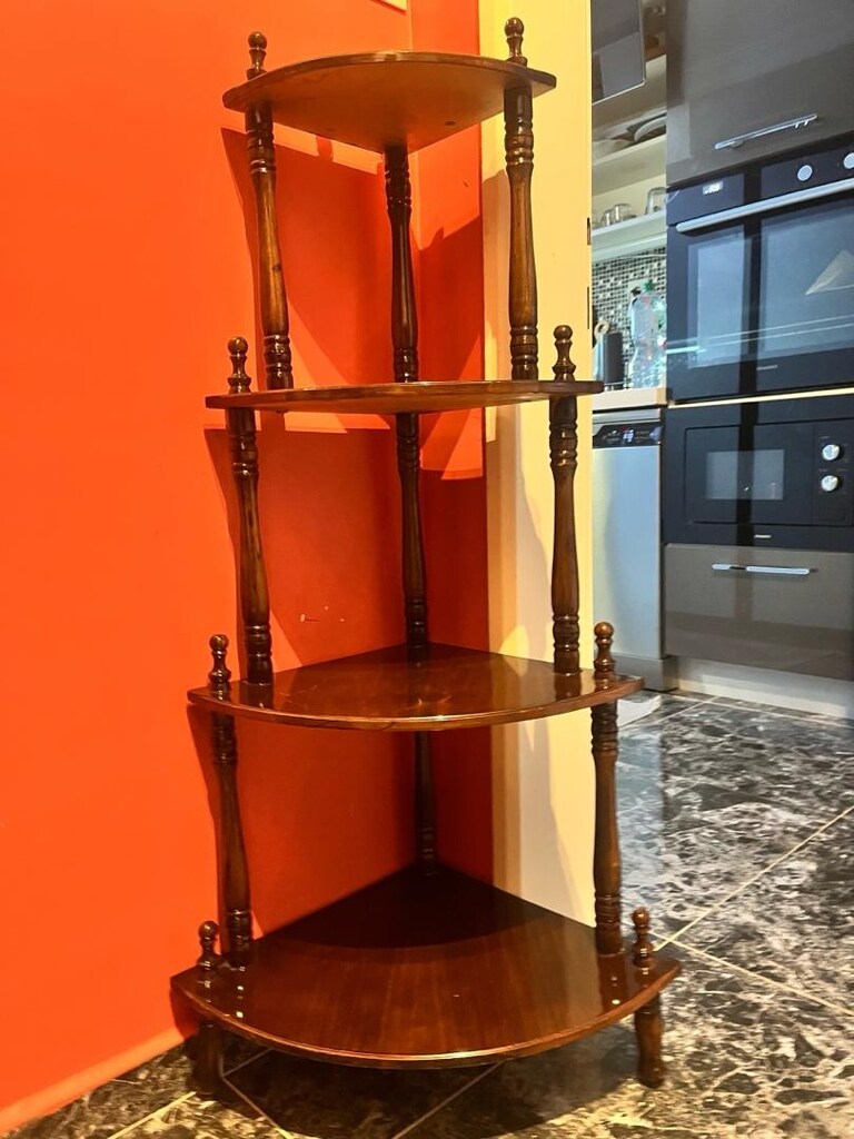Masif Ahşap Köşe Raf / 4 Katlı Dekoratif Köşelik – Vintage Tarz - 5